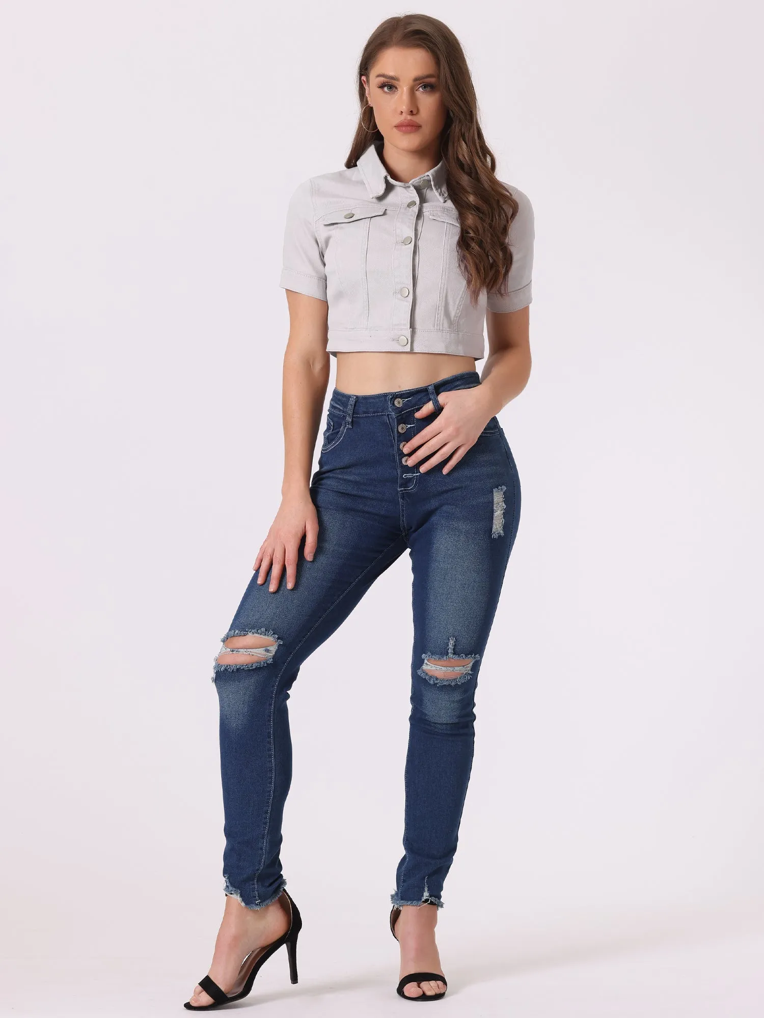 Casual Lapel Short Sleeve Crop Top Jean Denim Jacket