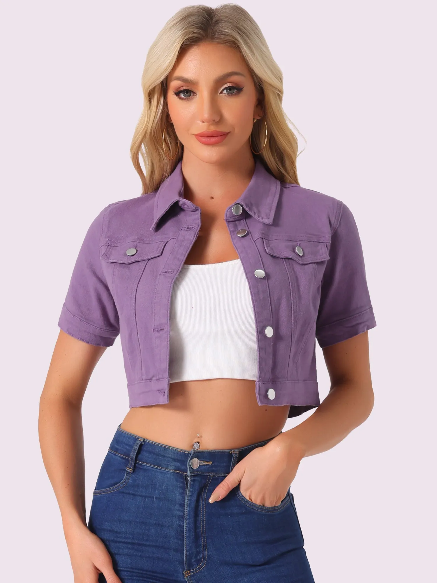 Casual Lapel Short Sleeve Crop Top Jean Denim Jacket