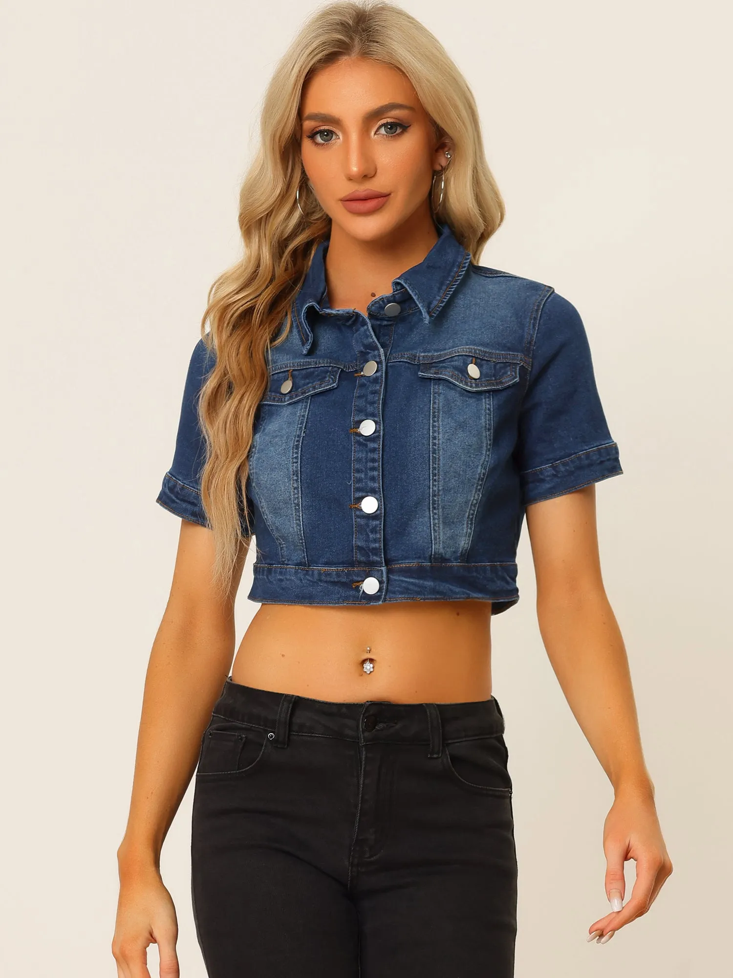 Casual Lapel Short Sleeve Crop Top Jean Denim Jacket