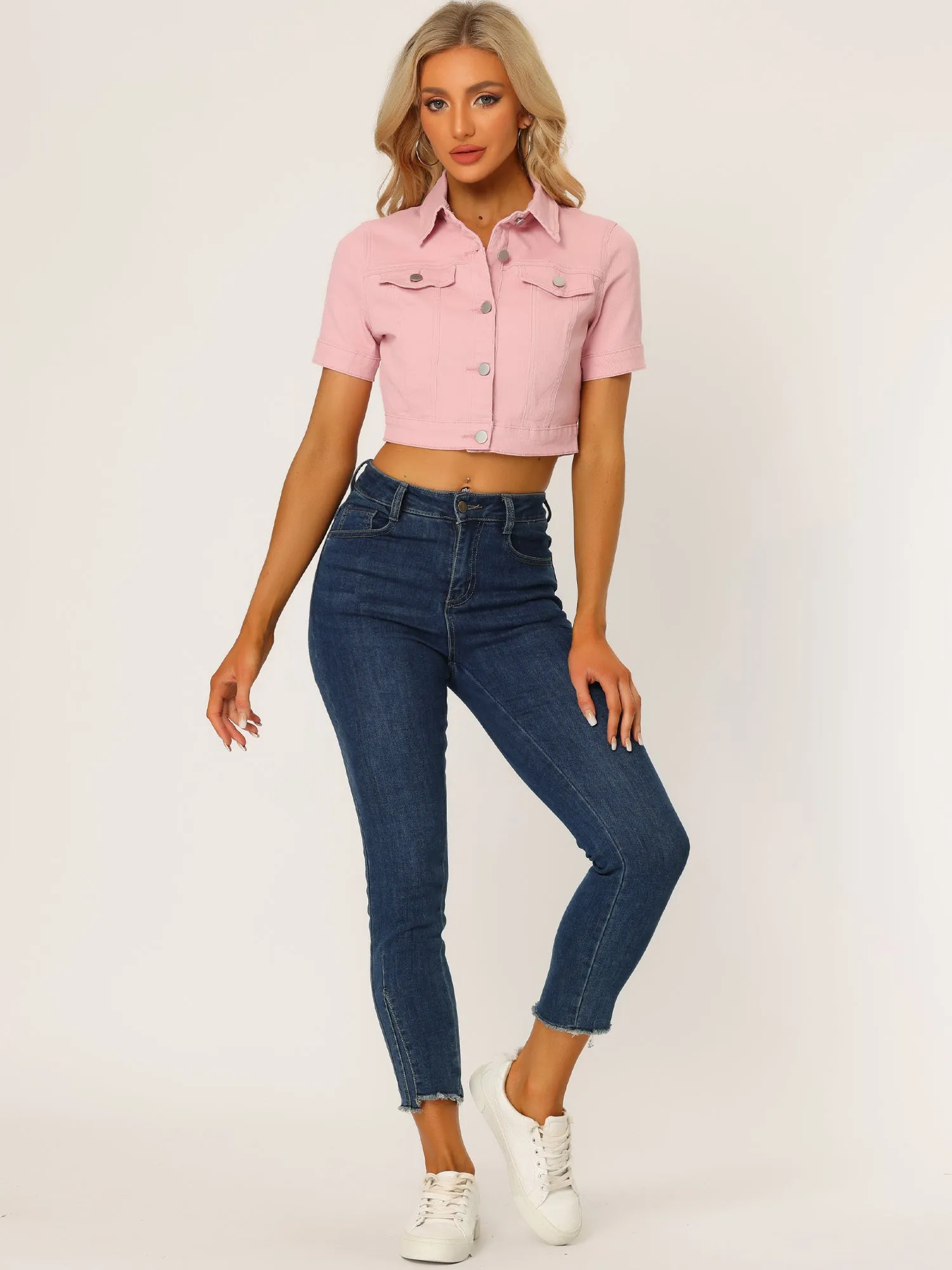 Casual Lapel Short Sleeve Crop Top Jean Denim Jacket