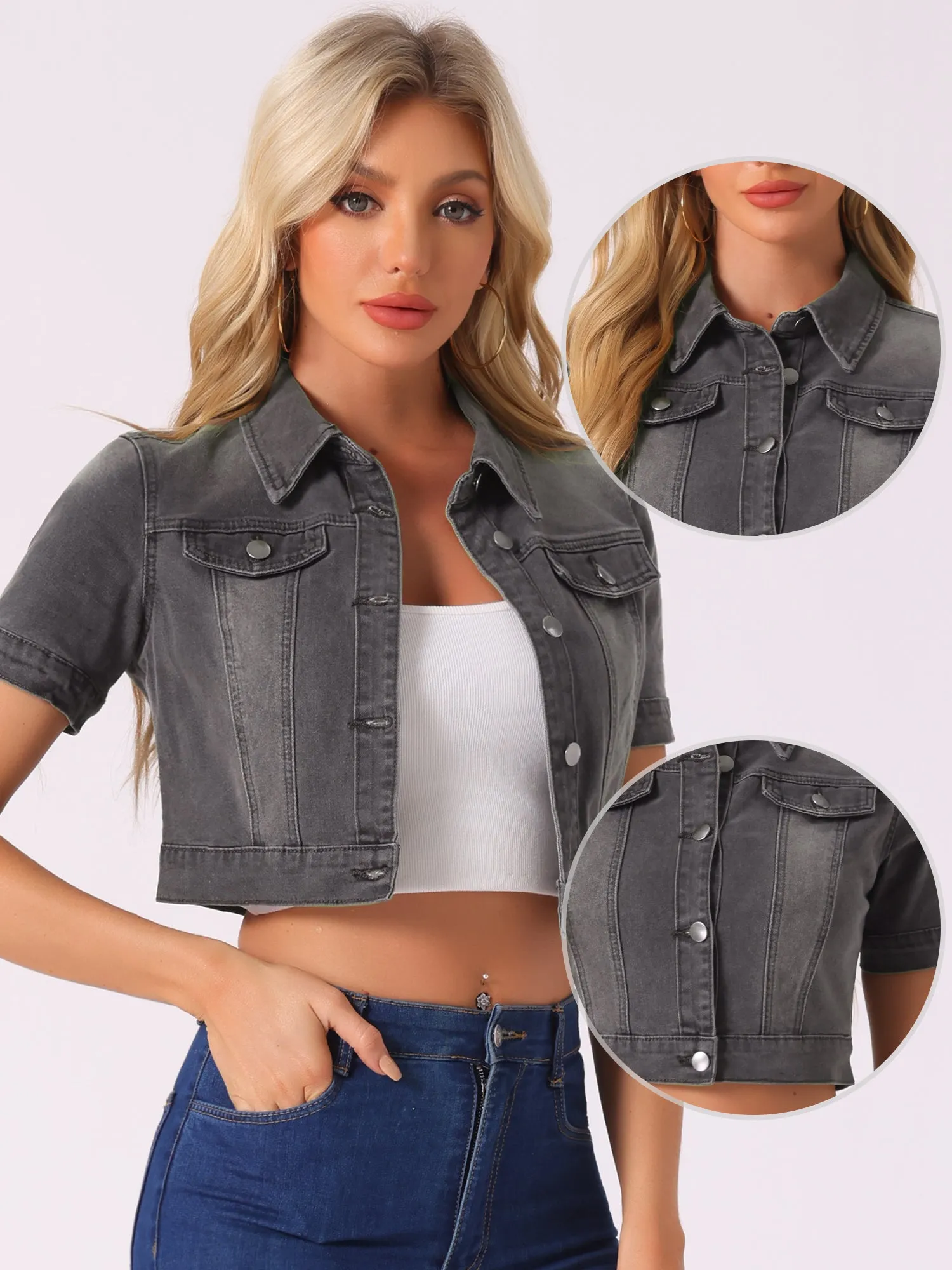 Casual Lapel Short Sleeve Crop Top Jean Denim Jacket