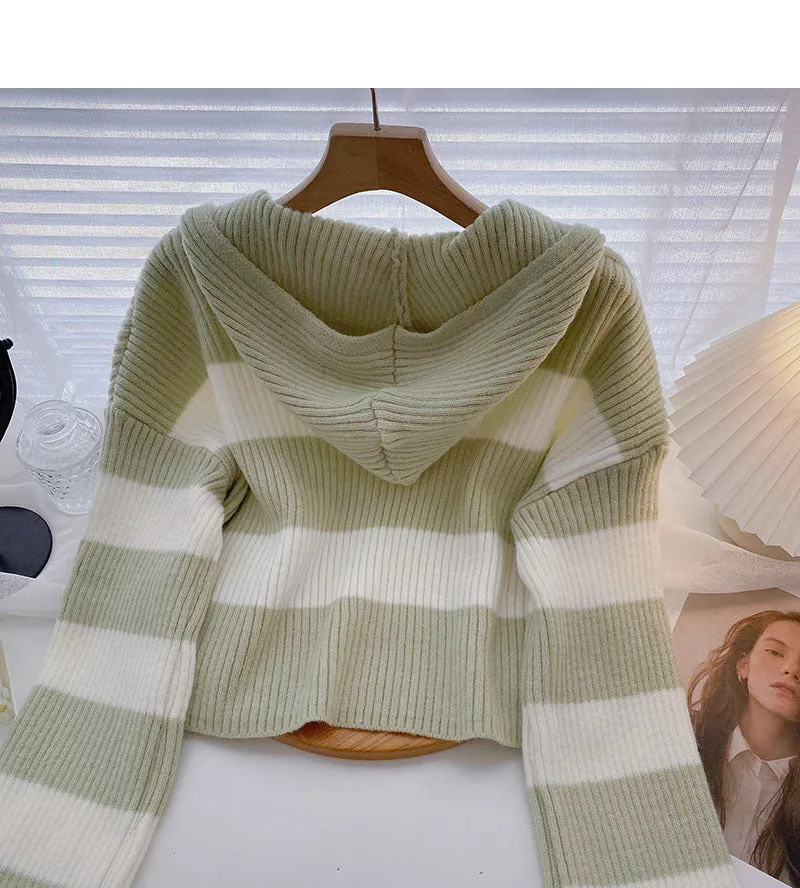 Casual Short striped sweater hooded Pullover Top  6461