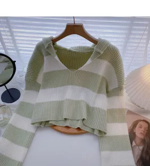 Casual Short striped sweater hooded Pullover Top  6461