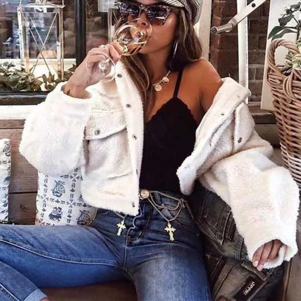 Chic Cozy Teddy Fur Cropped Faux Fur Trucker Jacket