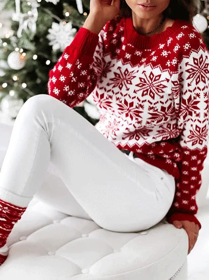 Chicmy-European and American casual women's clothing Women's Sweaters Christmas Snowflake Long Sleeve Knitted Sweater