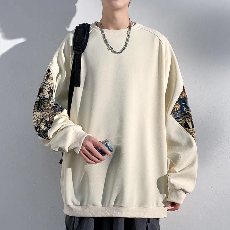 Chinese Style Teddy Bear Embroidered Patchwork Hoodie - Long Sleeve Round Neck Sweatshirt