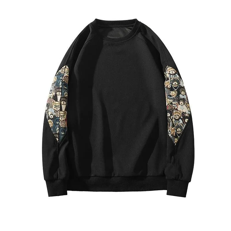 Chinese Style Teddy Bear Embroidered Patchwork Hoodie - Long Sleeve Round Neck Sweatshirt