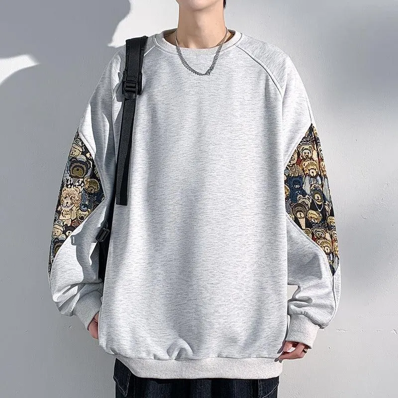 Chinese Style Teddy Bear Embroidered Patchwork Hoodie - Long Sleeve Round Neck Sweatshirt