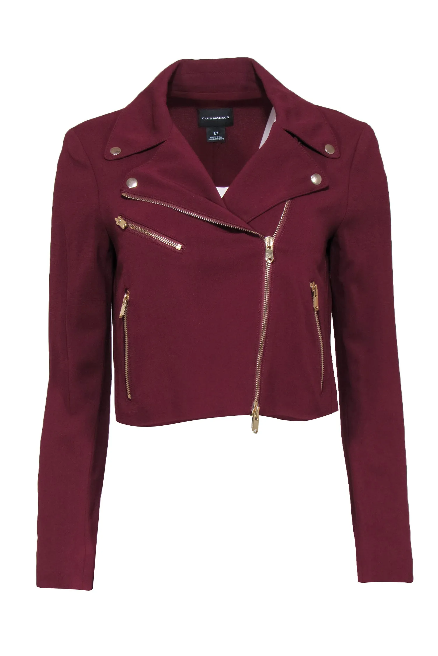 Club Monaco - Burgundy Cropped Zip-Up Moto-Style Jacket Sz S