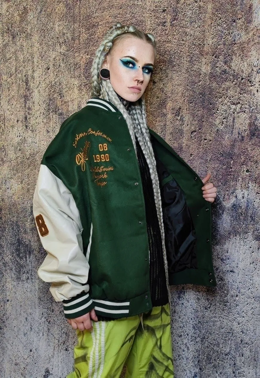 College baseball varsity jacket faux leather bomber in green