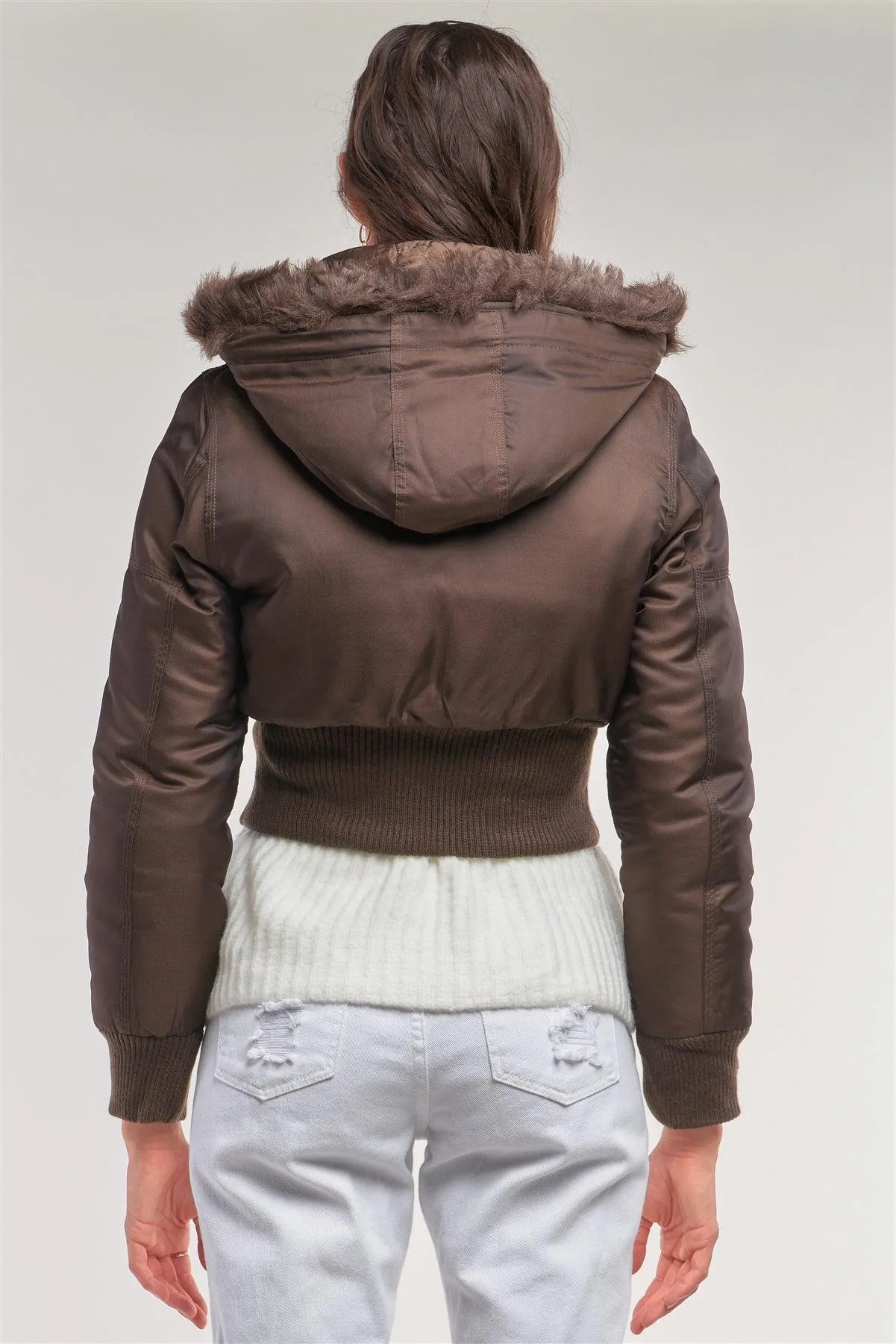 Copper Brown Zip-Up Faux Fur Hood Detail Cropped Winter Bomber Jacket /1-2-2-1