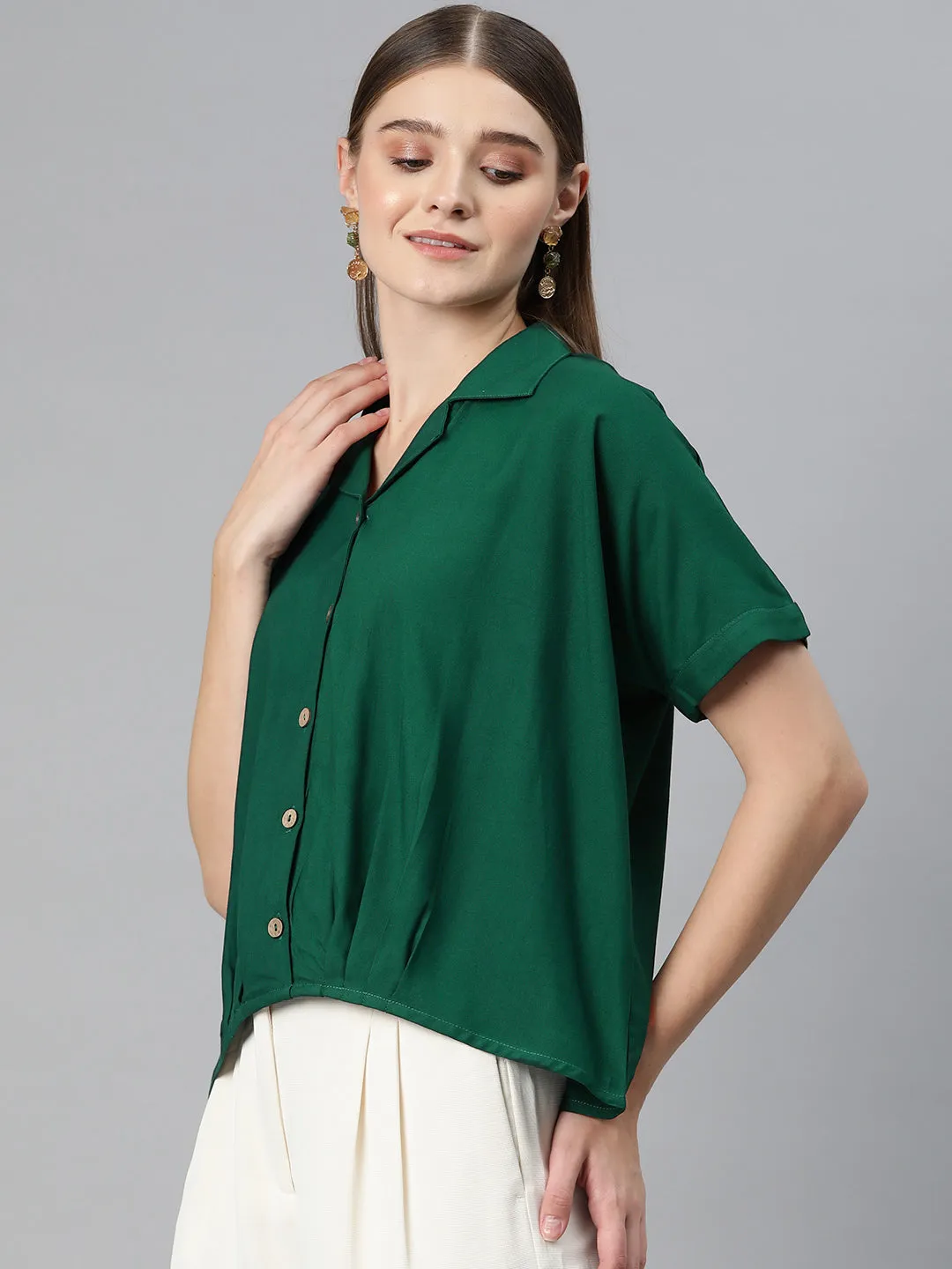 Cottinfab Women Solid  Shirt Style Top