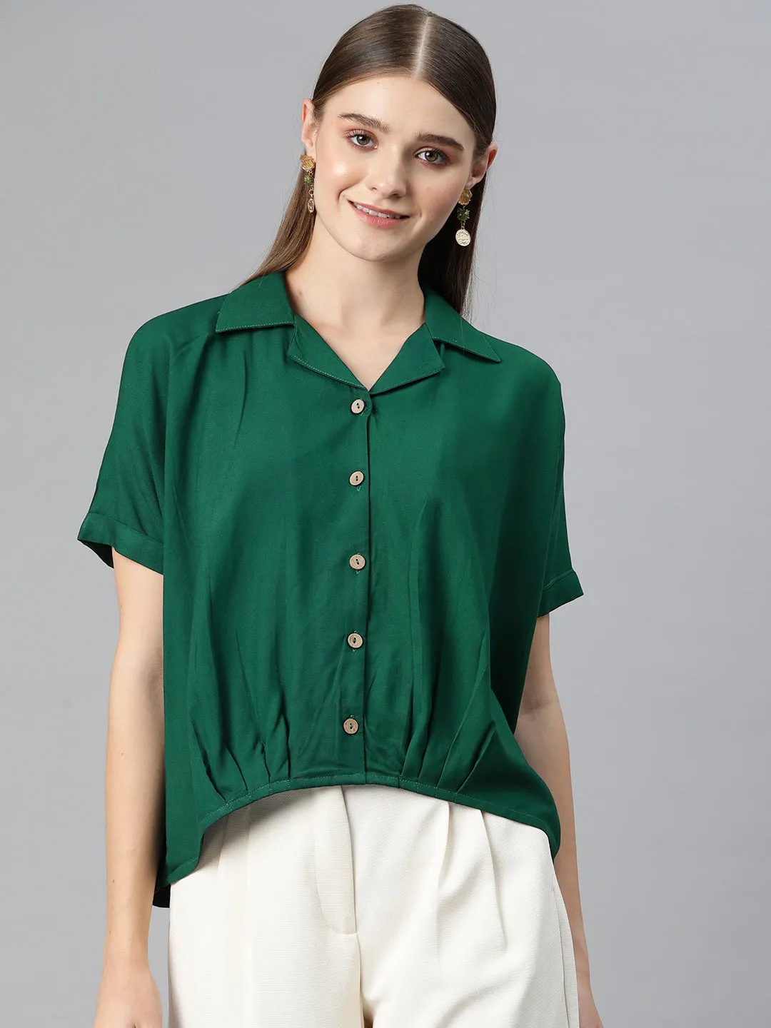 Cottinfab Women Solid  Shirt Style Top