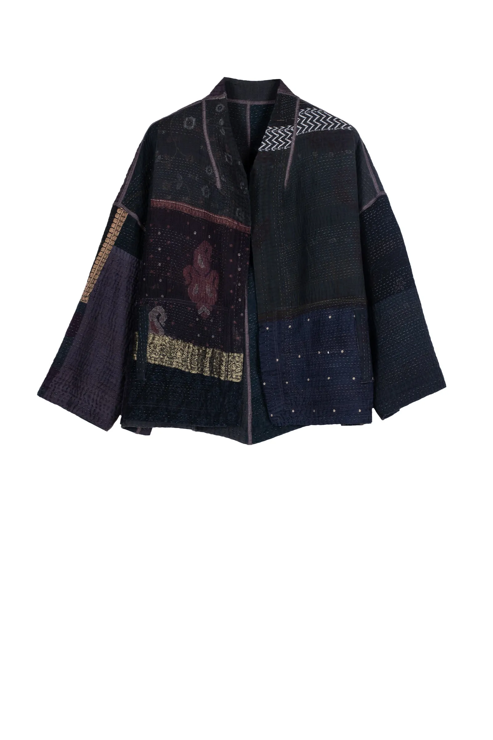 COTTON SILK SW PATCH KANTHA STAND COLLAR CROPPED JKT - ws4034-blk -