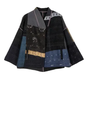 COTTON SILK SW PATCH KANTHA STAND COLLAR CROPPED JKT - ws4034-blk -