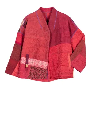 COTTON SILK SW PATCH KANTHA STAND COLLAR CROPPED JKT - ws4034-red -