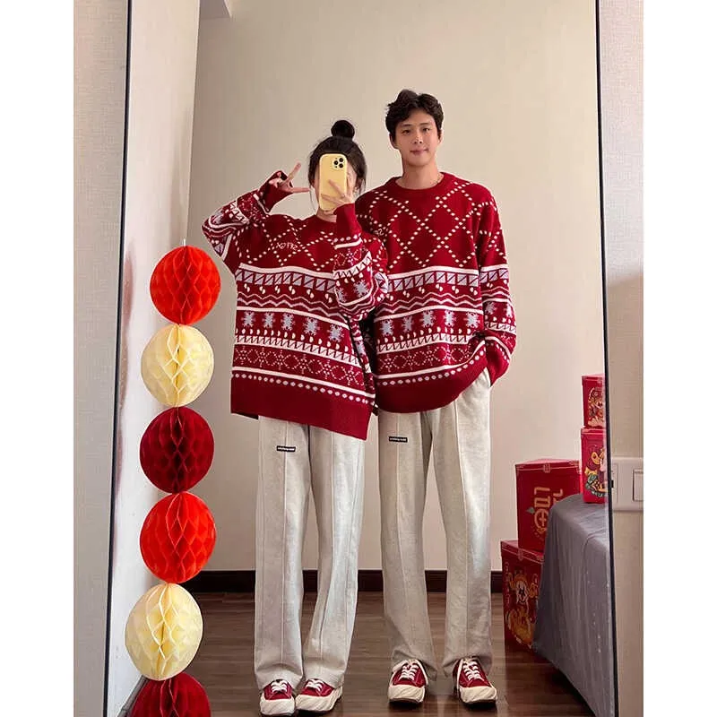 Cozy Christmas Couple Outfit Red Knitted Sweaters for Autumn, Winter, and New Year's Celebrations