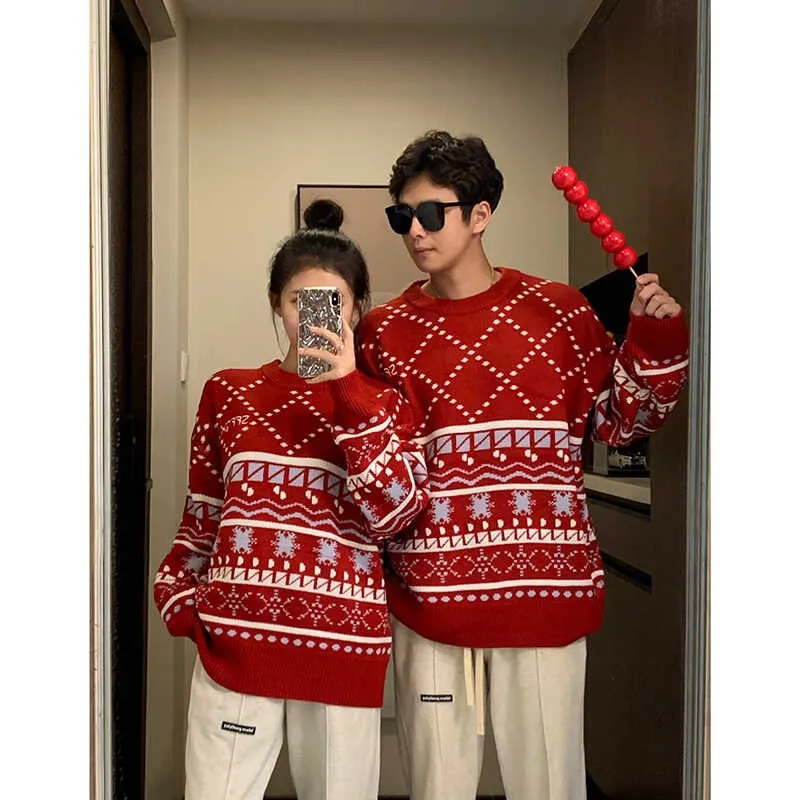 Cozy Christmas Couple Outfit Red Knitted Sweaters for Autumn, Winter, and New Year's Celebrations