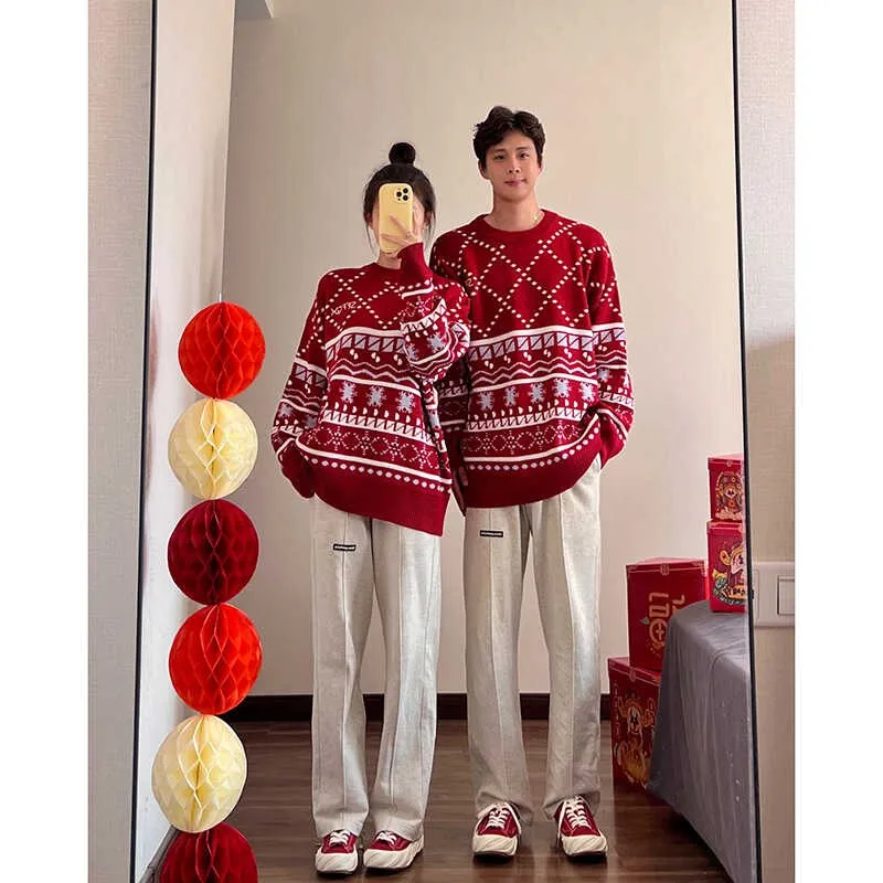 Cozy Christmas Couple Outfit Red Knitted Sweaters for Autumn, Winter, and New Year's Celebrations