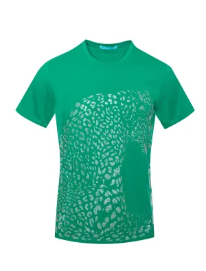 Crewneck Neck Tee Leopard crystal,  Emerald  1045