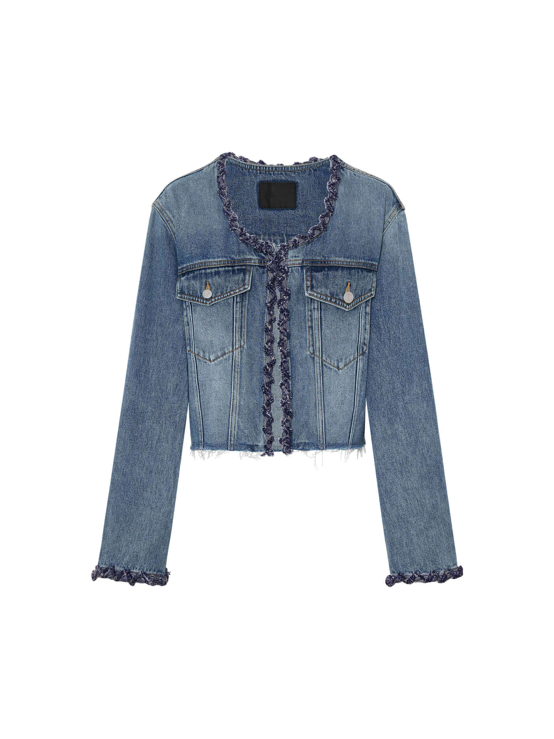 Cropped Collarless Denim Jacket