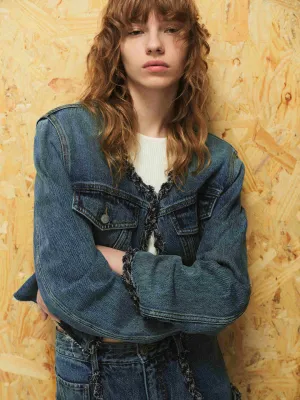 Cropped Collarless Denim Jacket