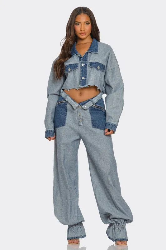 Cropped Contrast Denim Set