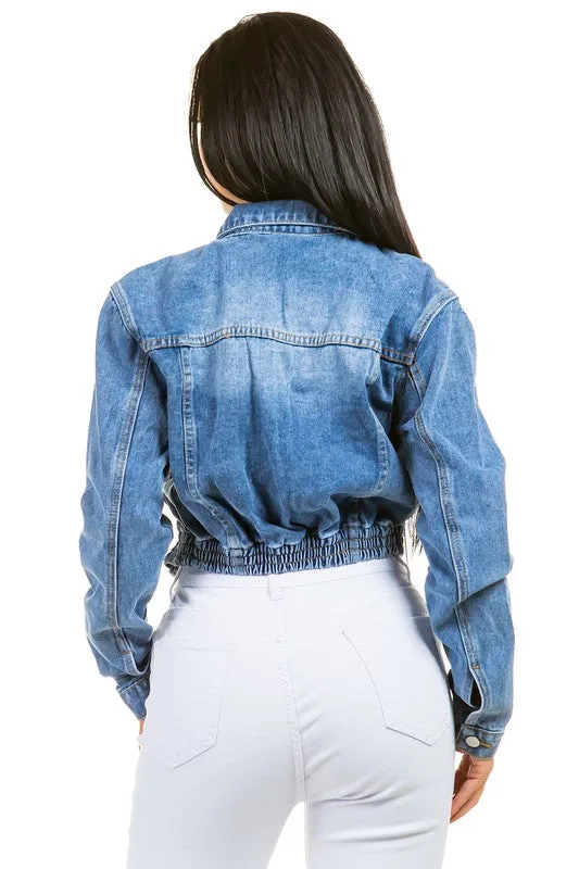 Cropped elastic DENIM JACKET