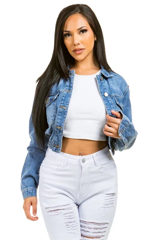 Cropped elastic DENIM JACKET