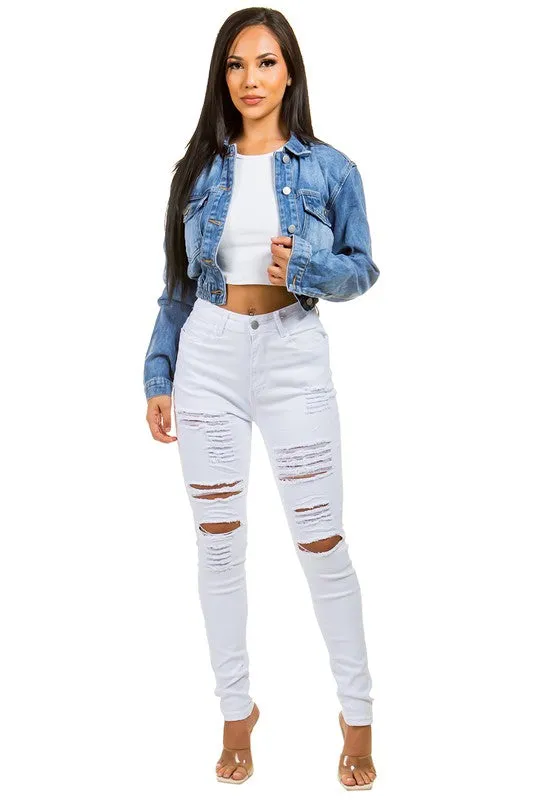 Cropped elastic DENIM JACKET