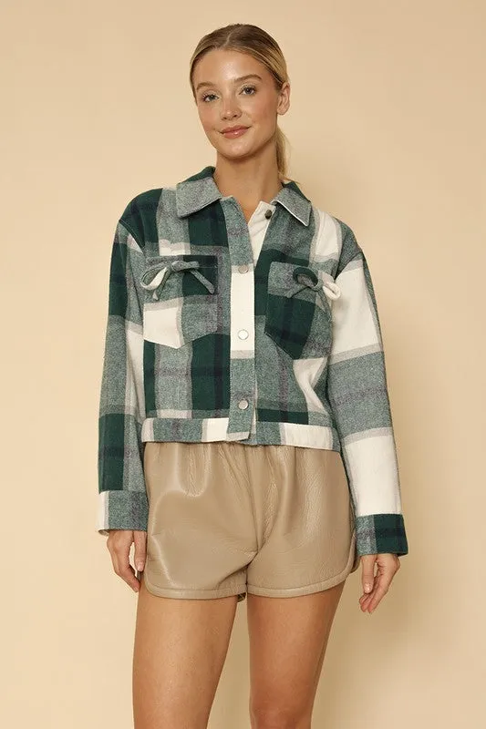 Cropped Green Pattern Flannel Jacket