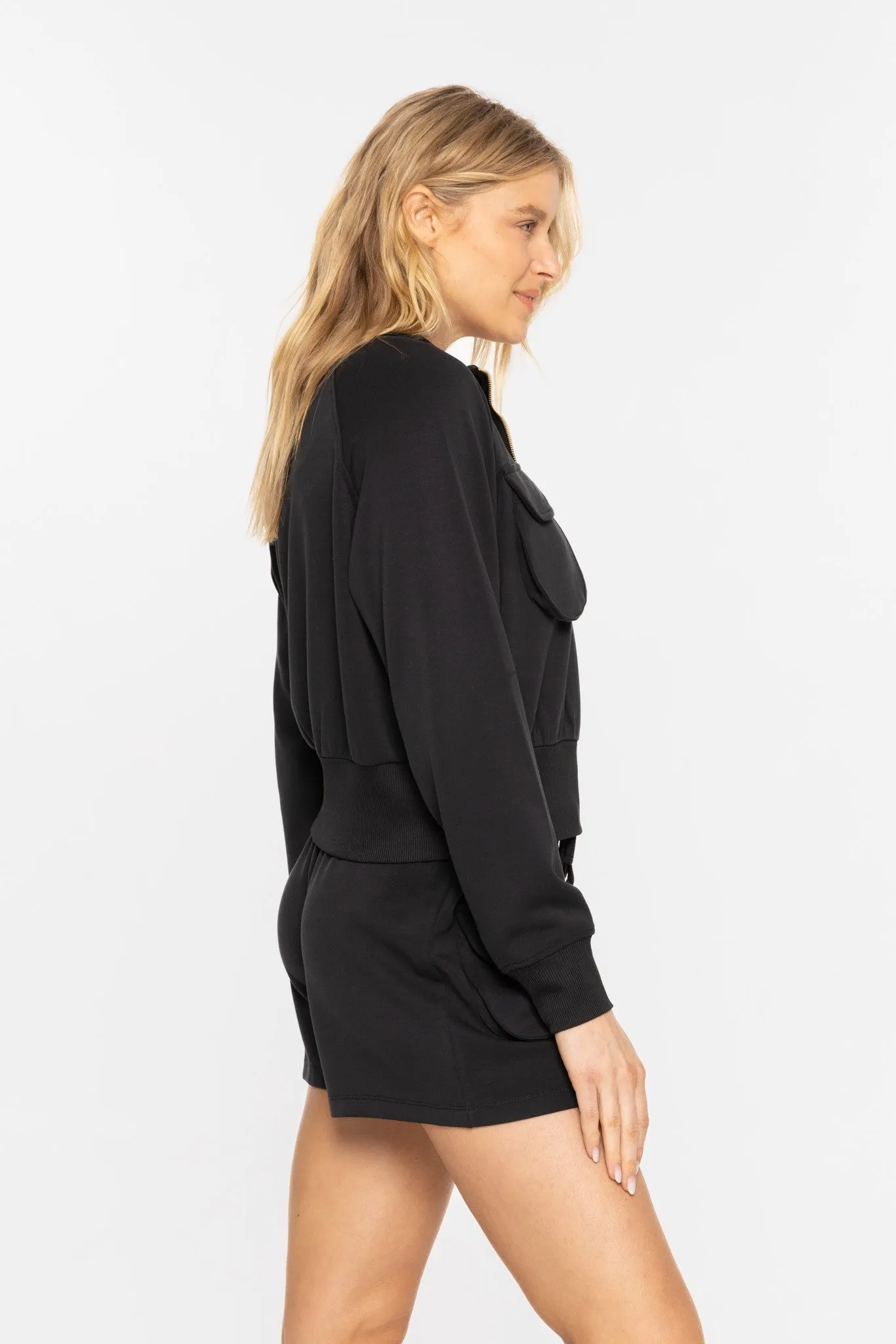 Cropped Mock Neck Zip-Up Jacket in Black