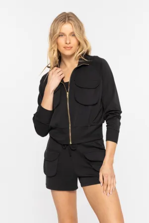 Cropped Mock Neck Zip-Up Jacket in Black