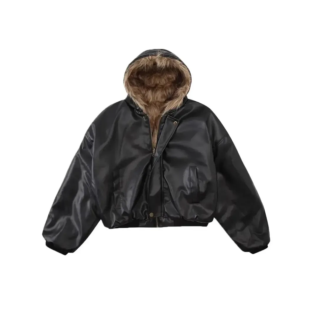 Cropped Reversible Hooded Faux Fur Jacket