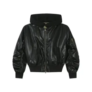 Cropped Reversible Hooded Leather Bomber Jacket