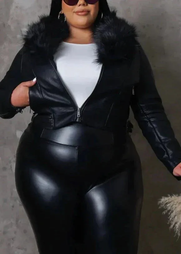 Cropped Vegan Leather Jacket w/Faux Fur Collar (Curvy)