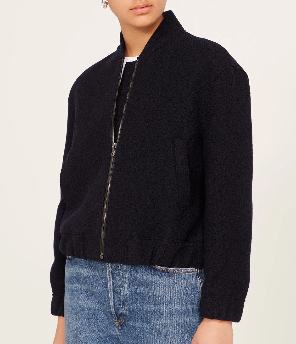 Cropped Wool Bomber Jacket in Navy