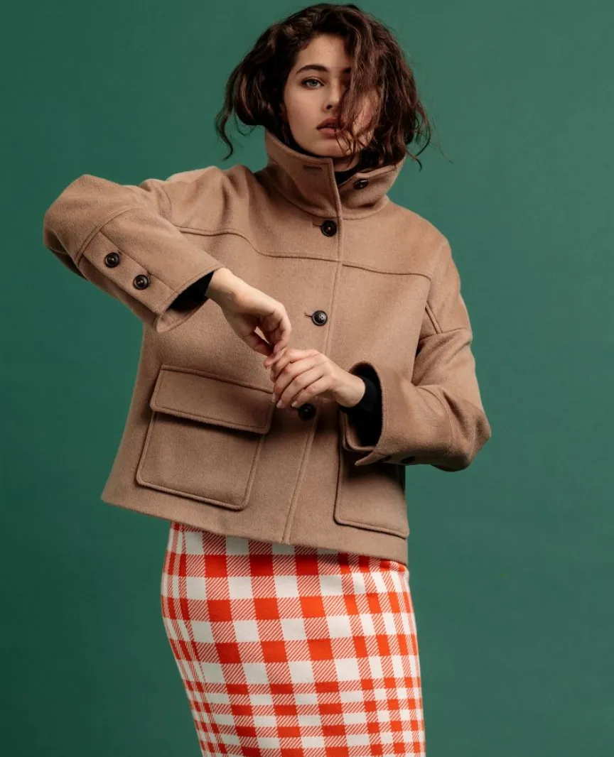 D1. Wool Blend Cropped Jacket - Warm Khaki