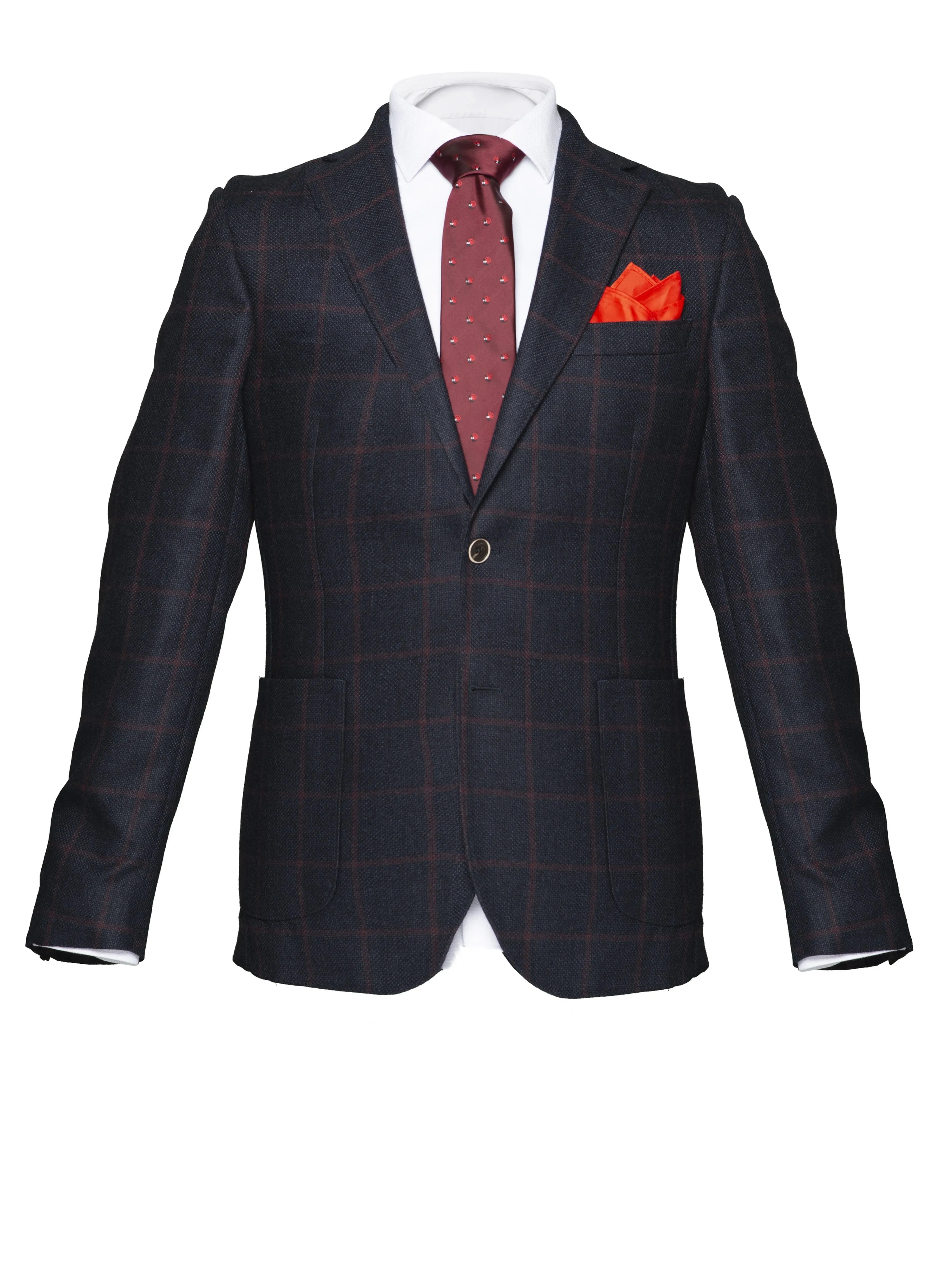 Dark Blue/Burgundy Windowpane Wool Blazer by Campore