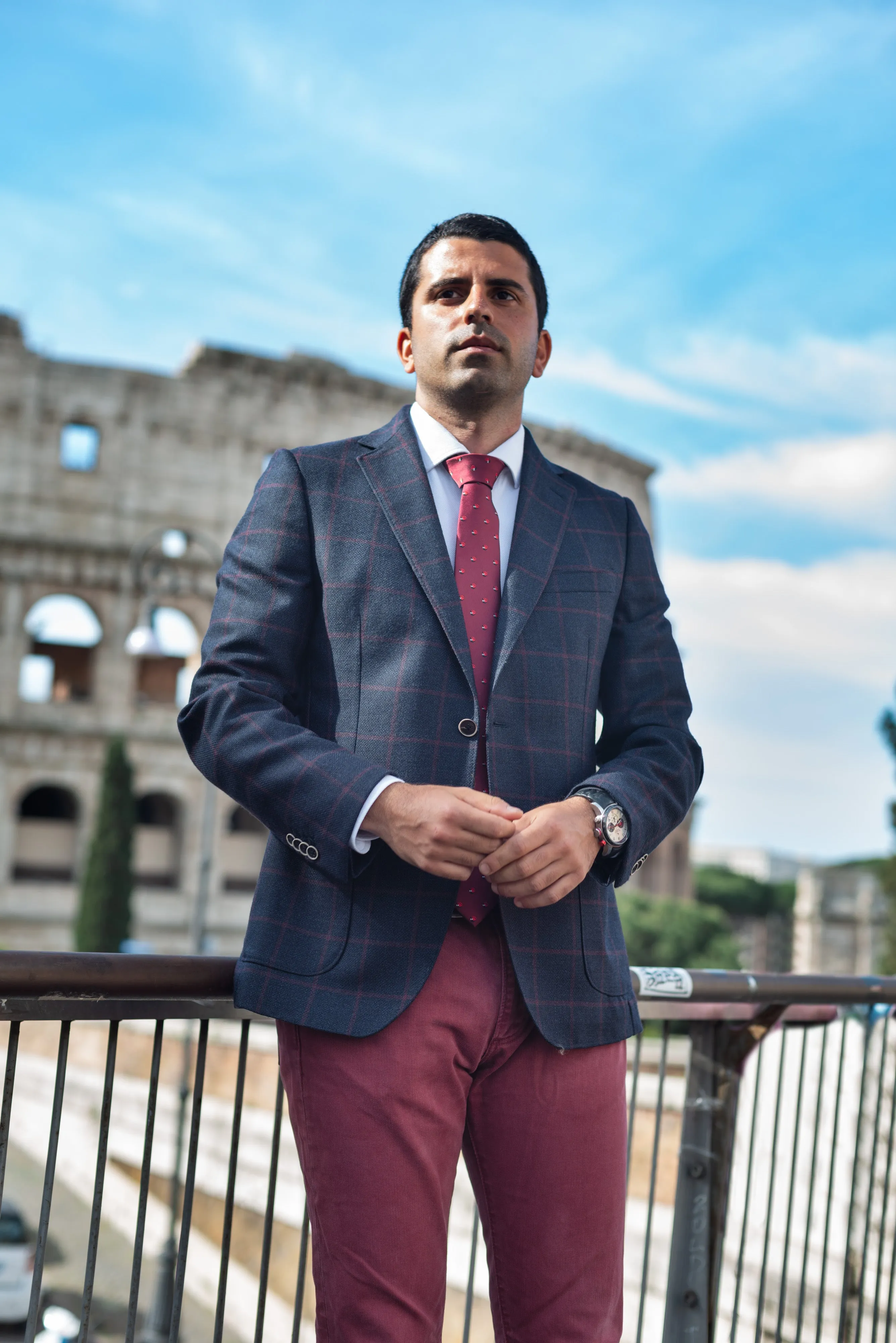 Dark Blue/Burgundy Windowpane Wool Blazer by Campore