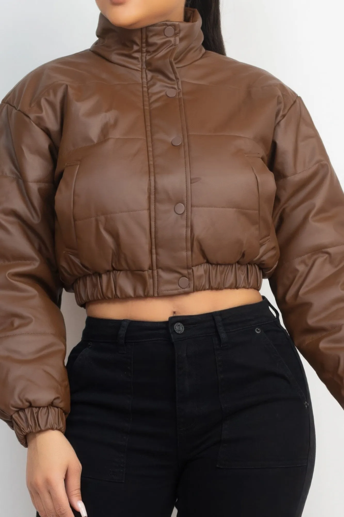 Dark Brown Snap Button Padded Crop Coat