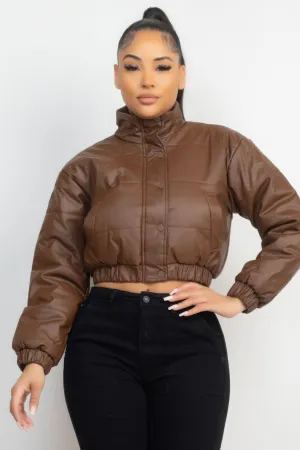 Dark Brown Snap Button Padded Crop Coat