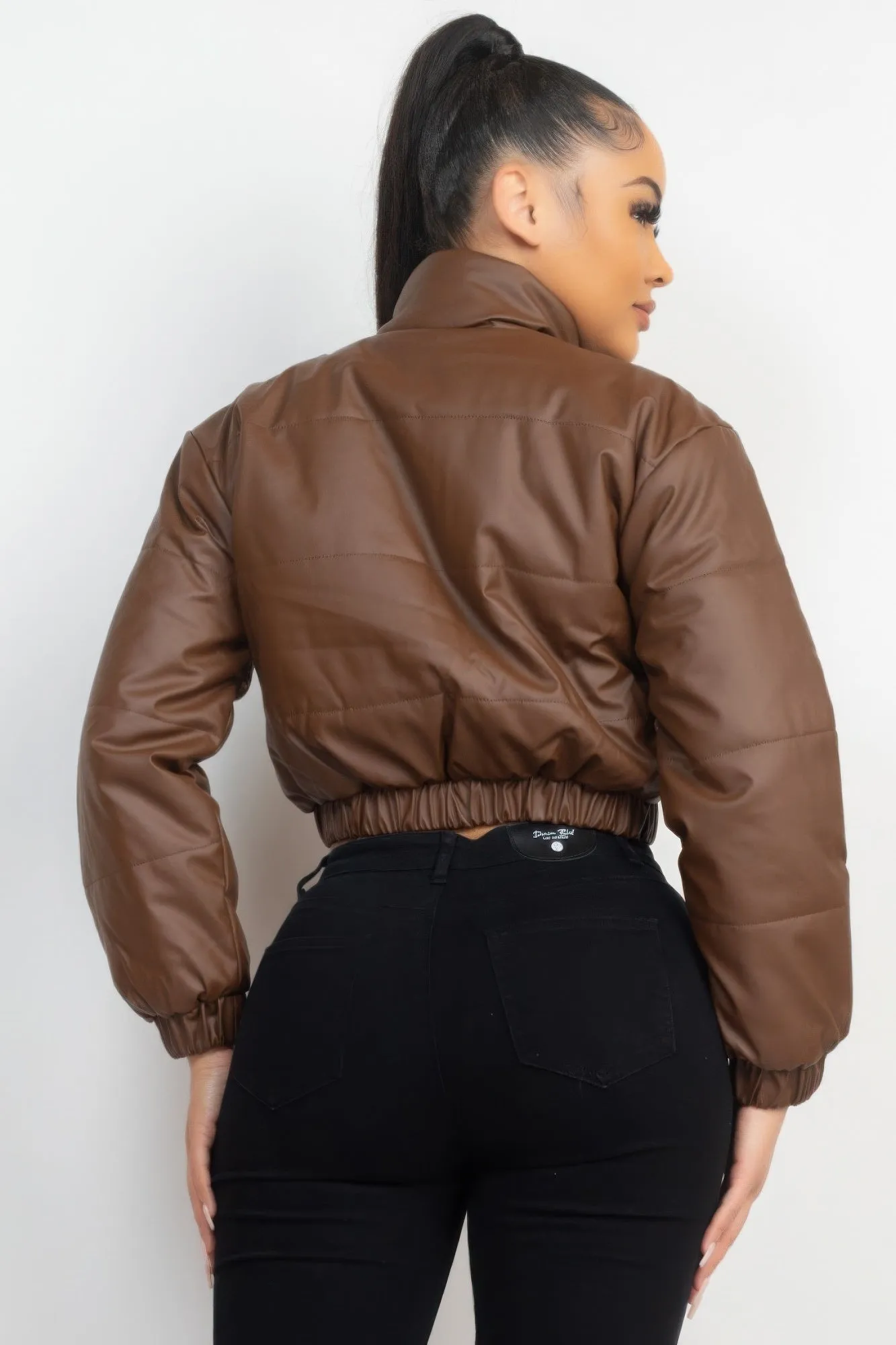 Dark Brown Snap Button Padded Crop Coat