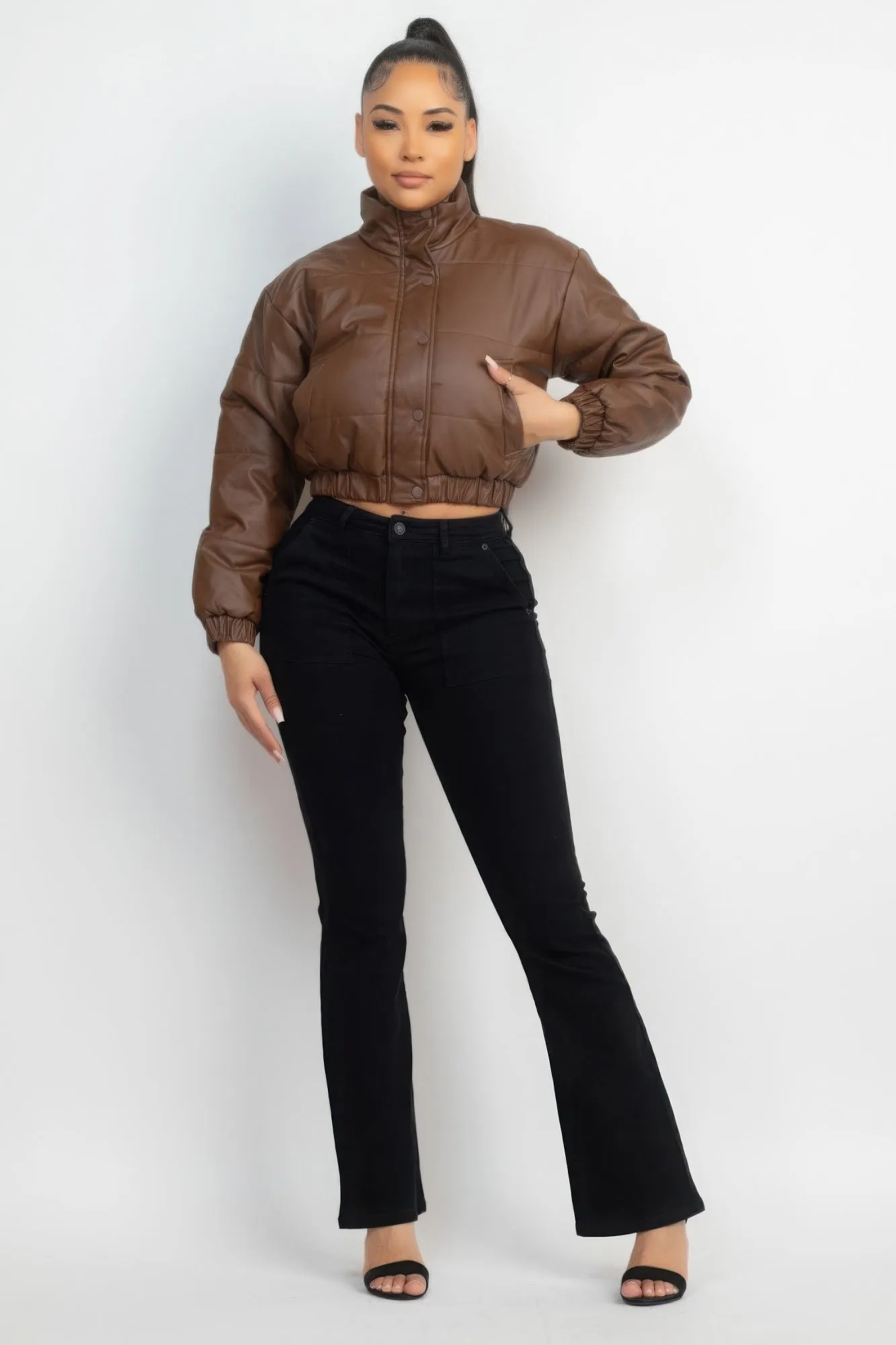 Dark Brown Snap Button Padded Crop Coat