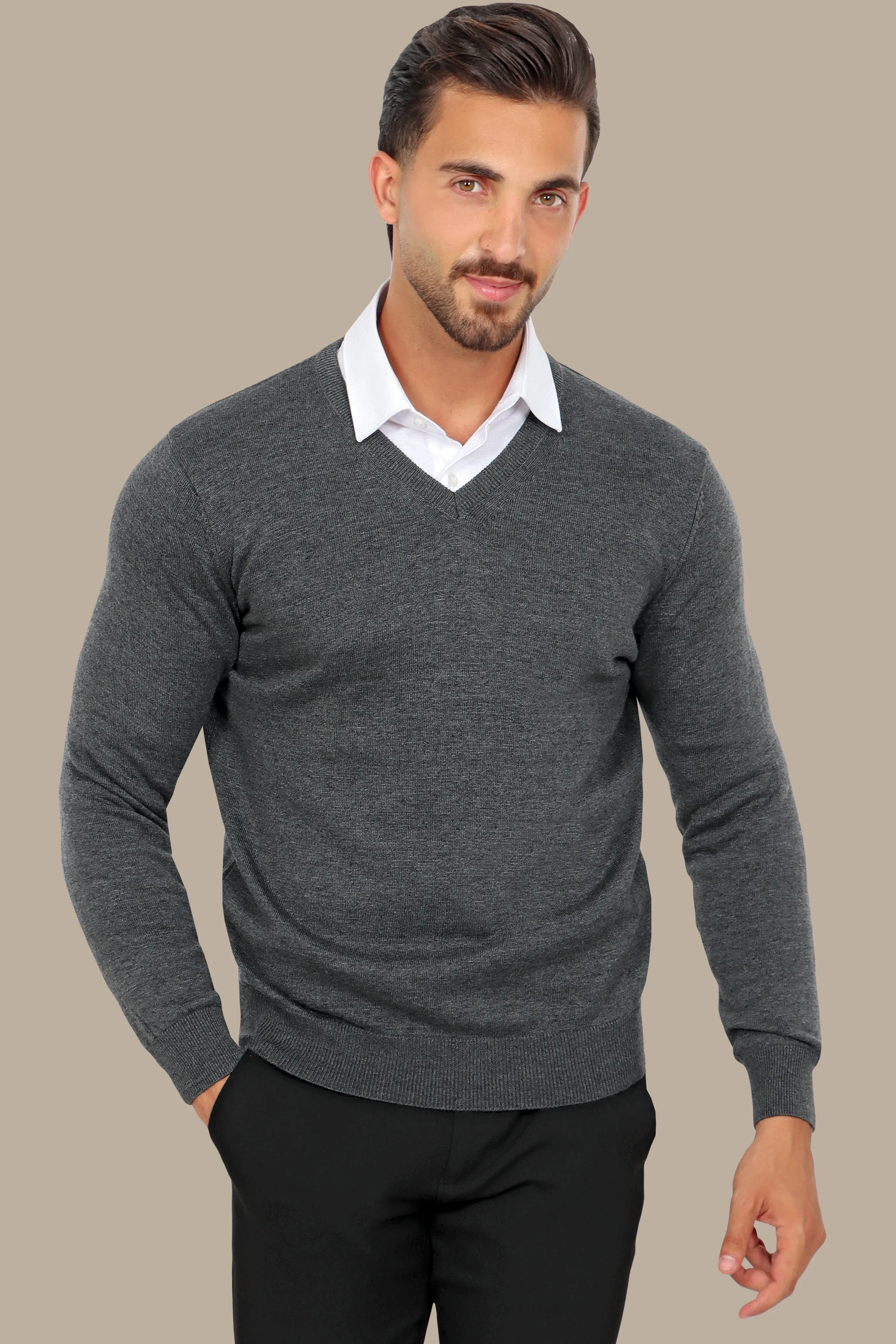 Dark Grey V-Neck Basic Sweater