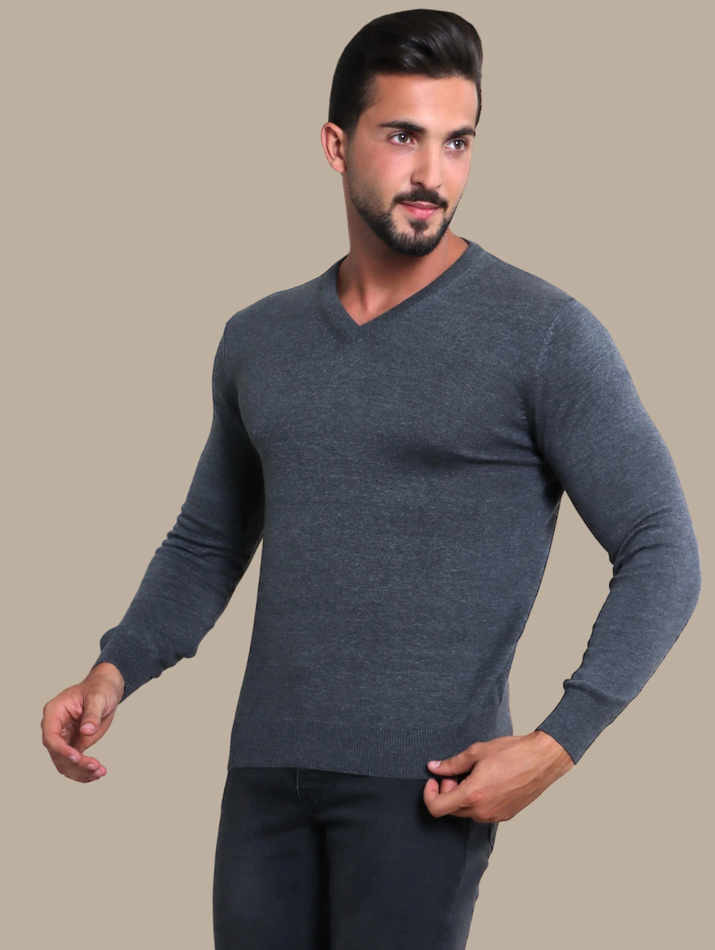 Dark Grey V-Neck Basic Sweater