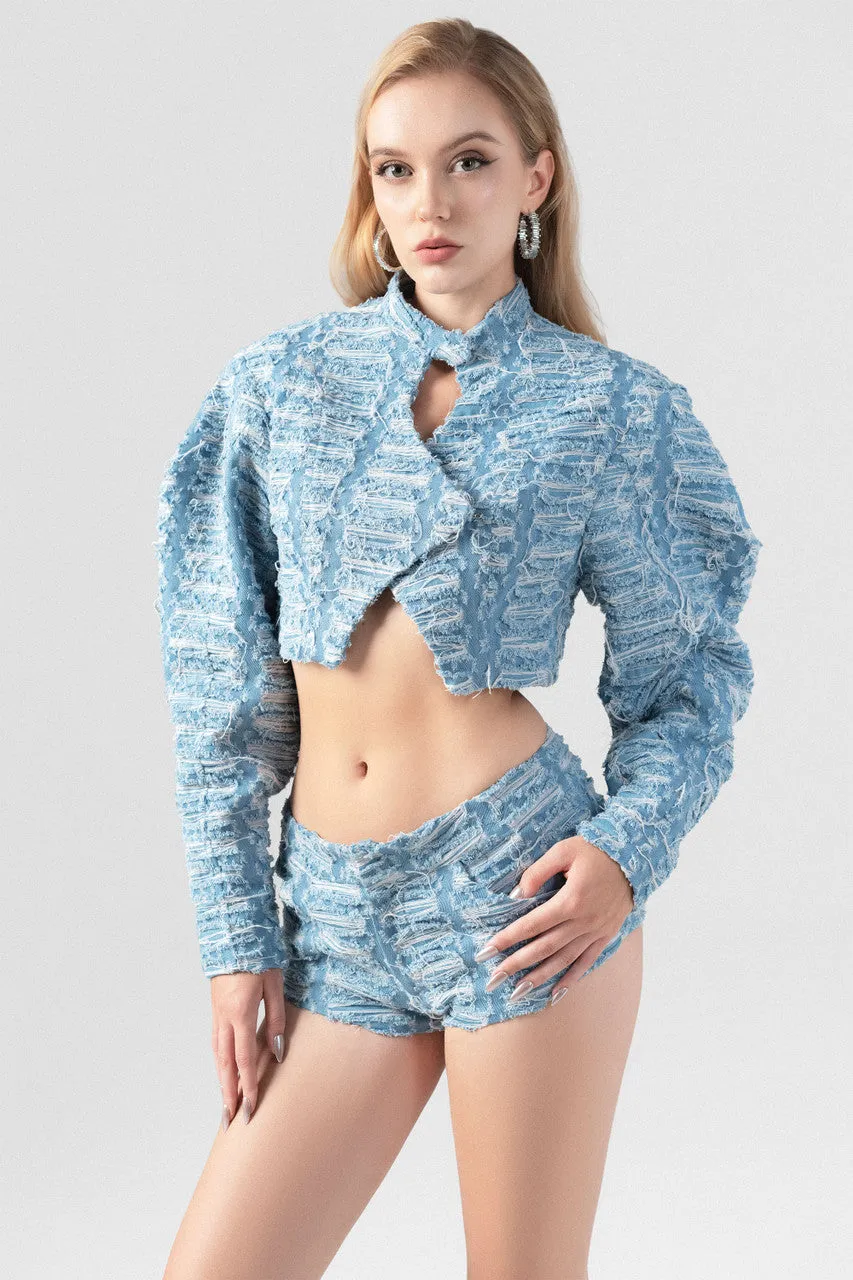 Denim Jacket and Shorts Set with Puffy Sleeves