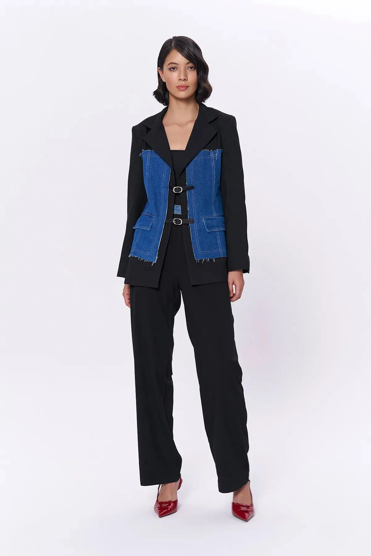 Denim Match Blazer Jacket with Belt Accessory Black