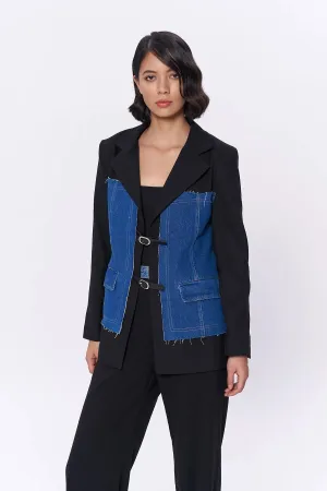 Denim Match Blazer Jacket with Belt Accessory Black