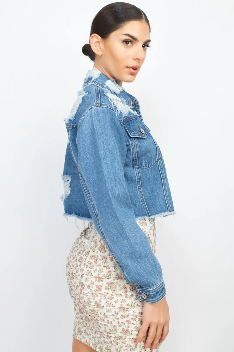 Distress Frayed Hem Denim Jacket